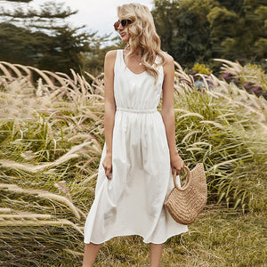 Spring Sleeveless Casual Solid Color O-neck Sling Dress kairova