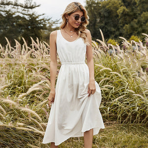 Spring Sleeveless Casual Solid Color O-neck Sling Dress kairova