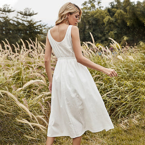 Spring Sleeveless Casual Solid Color O-neck Sling Dress kairova
