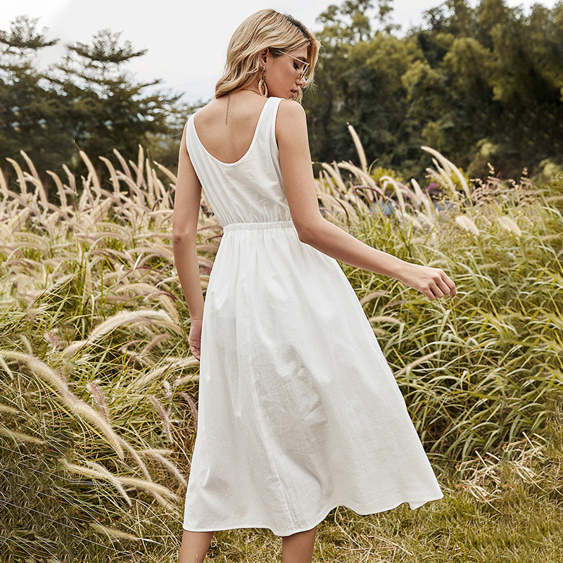 Spring Sleeveless Casual Solid Color O-neck Sling Dress kairova