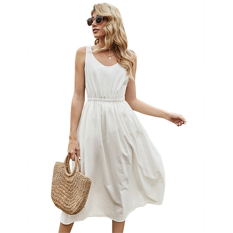 Spring Sleeveless Casual Solid Color O-neck Sling Dress kairova