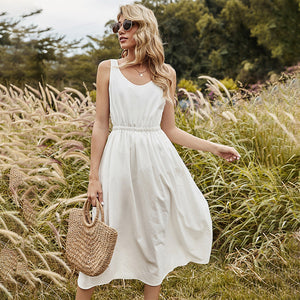 Spring Sleeveless Casual Solid Color O-neck Sling Dress kairova