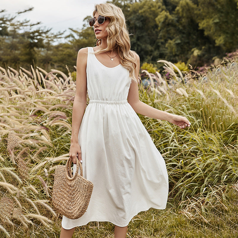 Spring Sleeveless Casual Solid Color O-neck Sling Dress kairova
