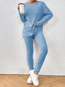 Fashion Casual Long Sleeve Split Irregular Round-neck Shirt Trousers Suit