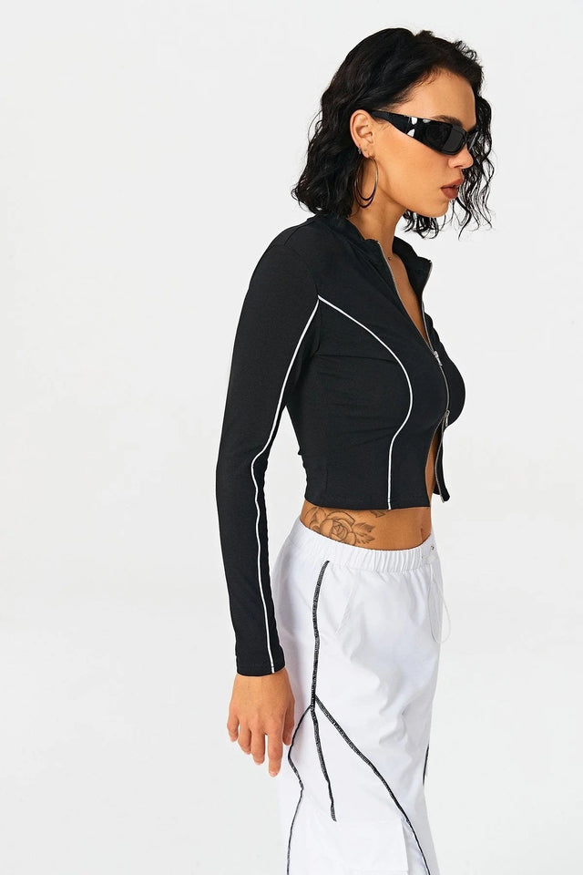 2023 Women's Contrast Line Standing Collar Knitted Shirt kairova