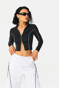 2023 Women's Contrast Line Standing Collar Knitted Shirt kairova