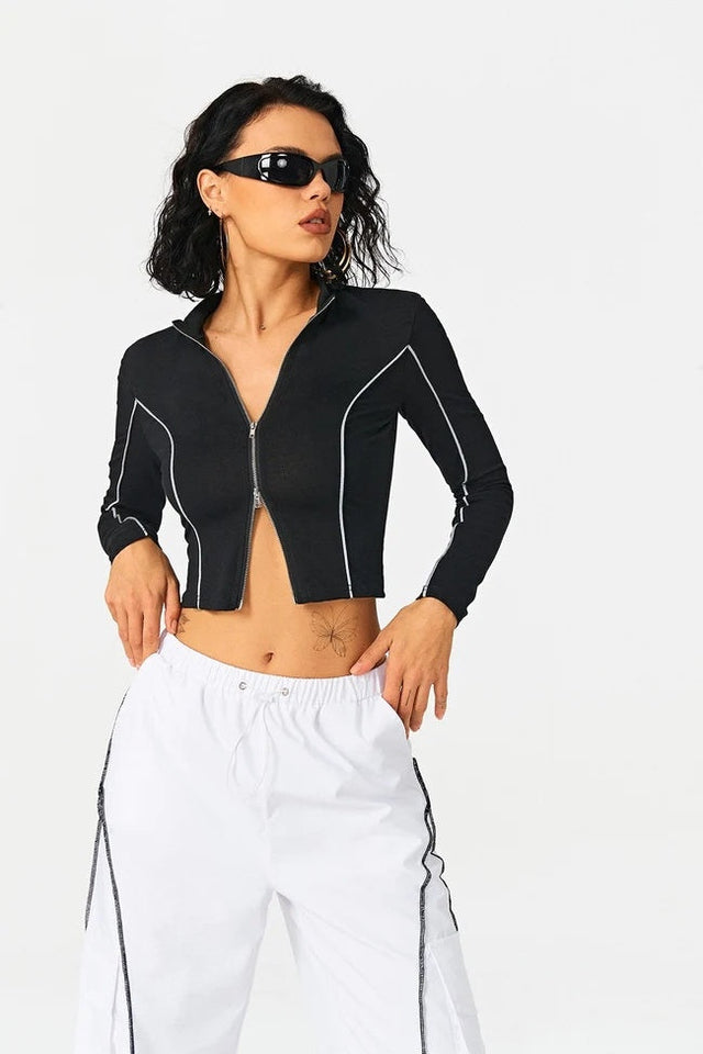 2023 Women's Contrast Line Standing Collar Knitted Shirt kairova