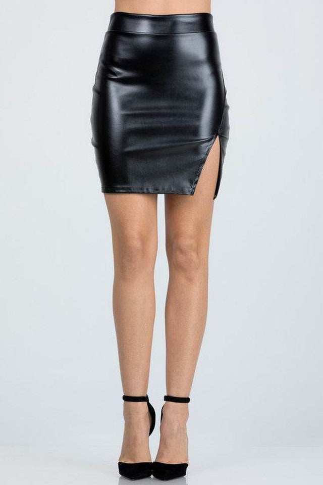 Open Side Slit PU Leather Mini Skirt