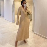Casual Waist-skimming V-neck Large Pit-striped Slim Knitted Maxi Dress For Women kairova